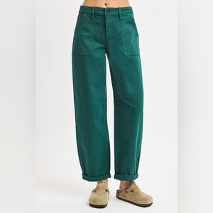 RISEN High Rise Ankle Cuffed Barrel Pants in Hunter Green